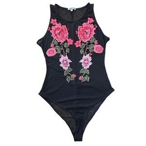 Charlotte Russe Black Mesh Pink Floral Appliqué Bodysuit SZ Medium Fairy Flirty